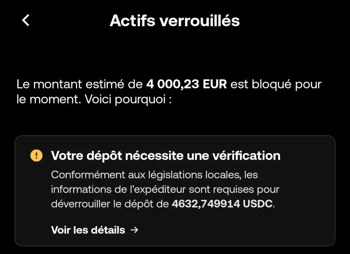 Okx blocage depot crypto demande provenance fonds