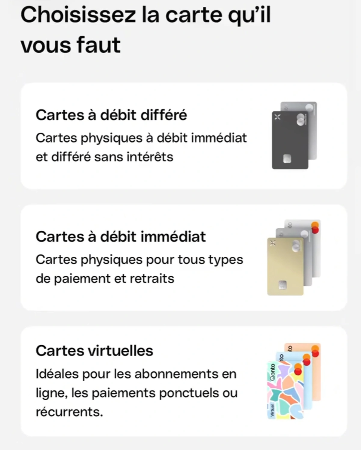 Carte debit differe ou immediat ou virtuelle qonto app