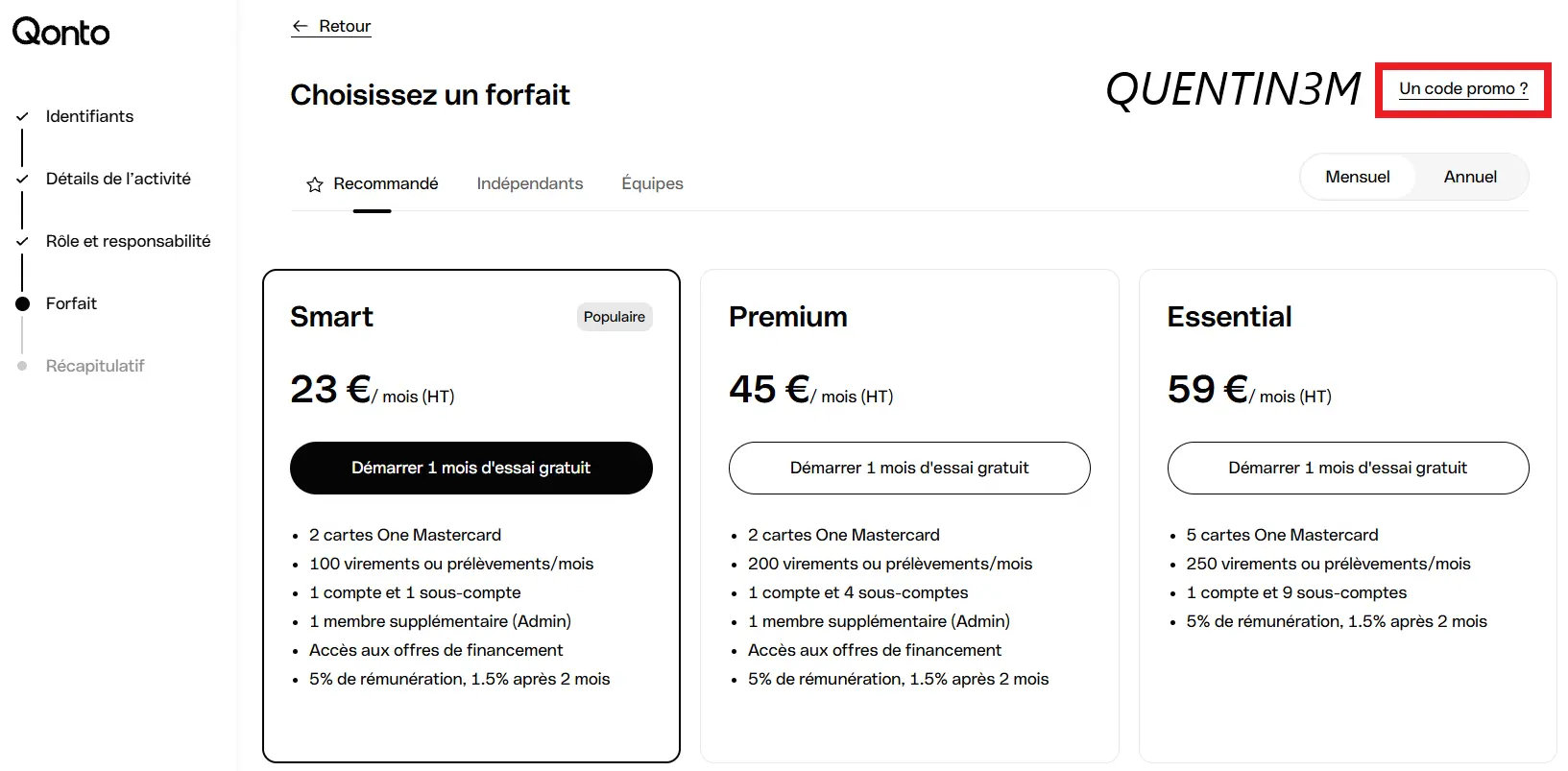Code promo qonto ou renseigner code quentin3m
