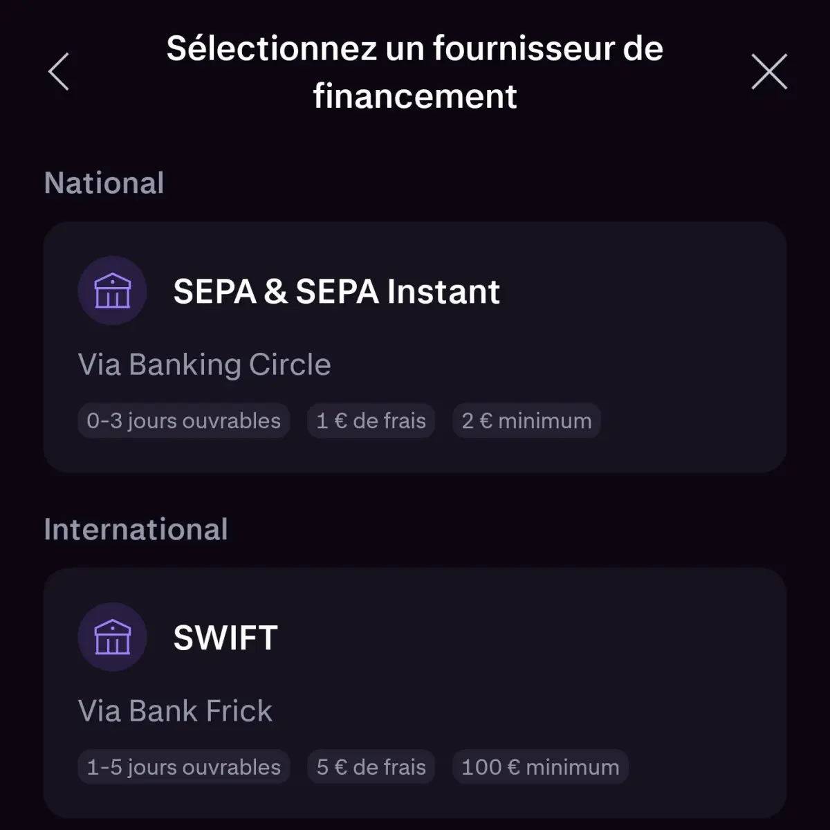 Frais de retrait en euros sur l'application Kraken : 1 € par virement SEPA