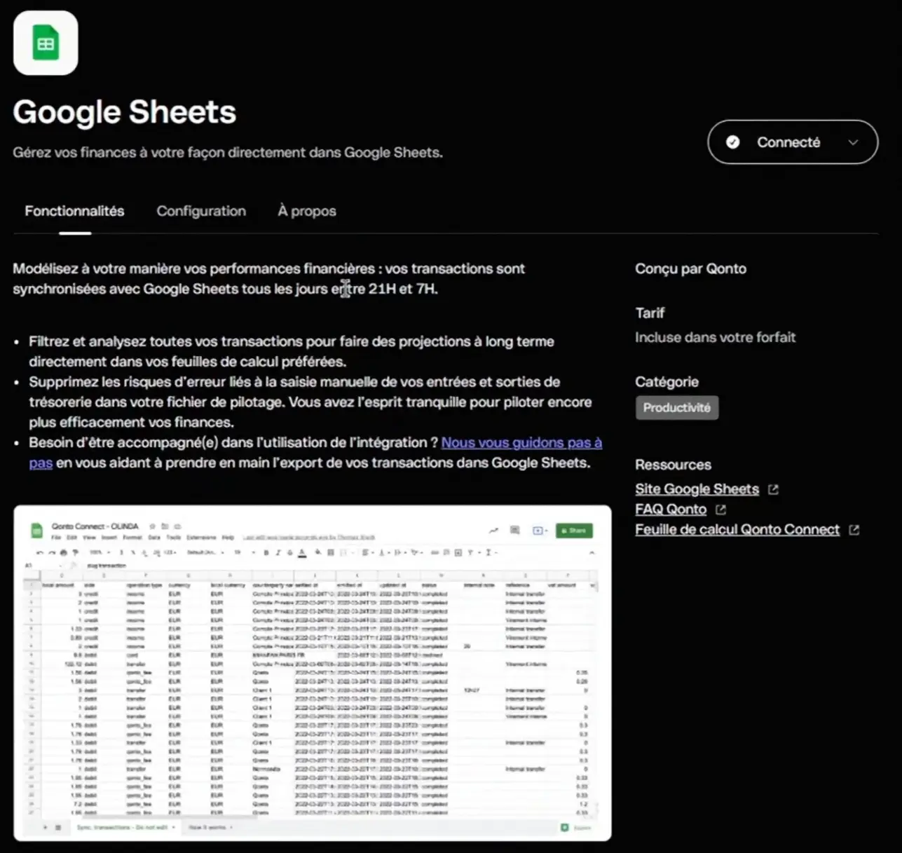 Integration qonto google sheets transactions