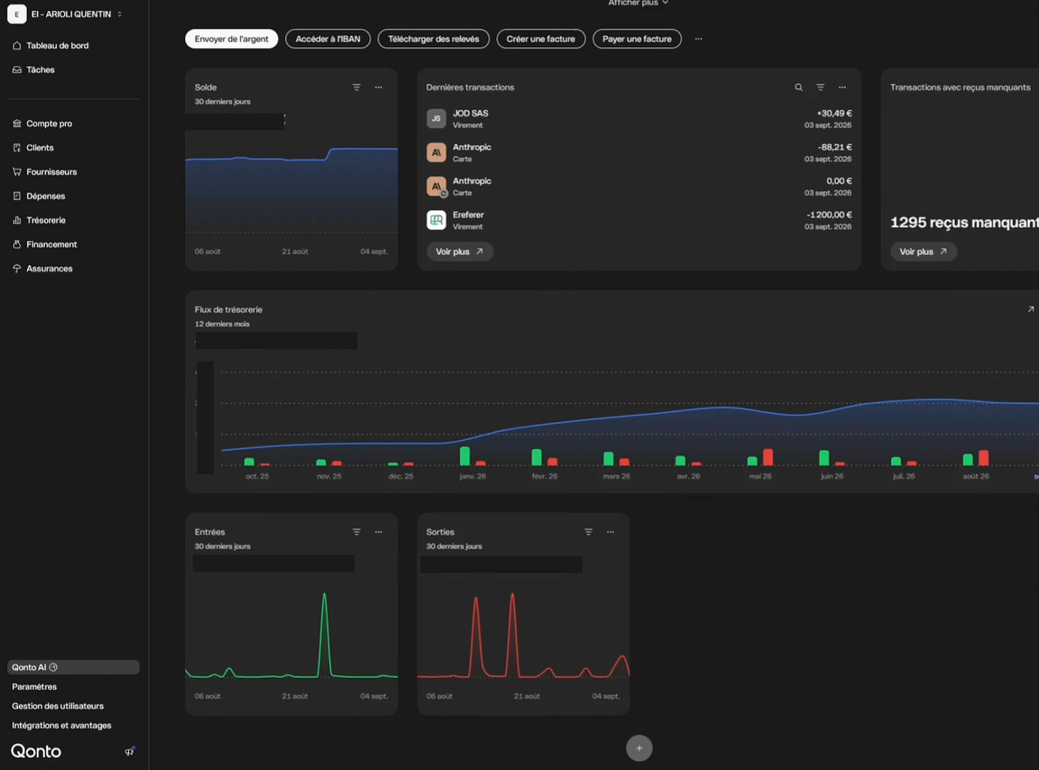 Qonto interface web desktop dense