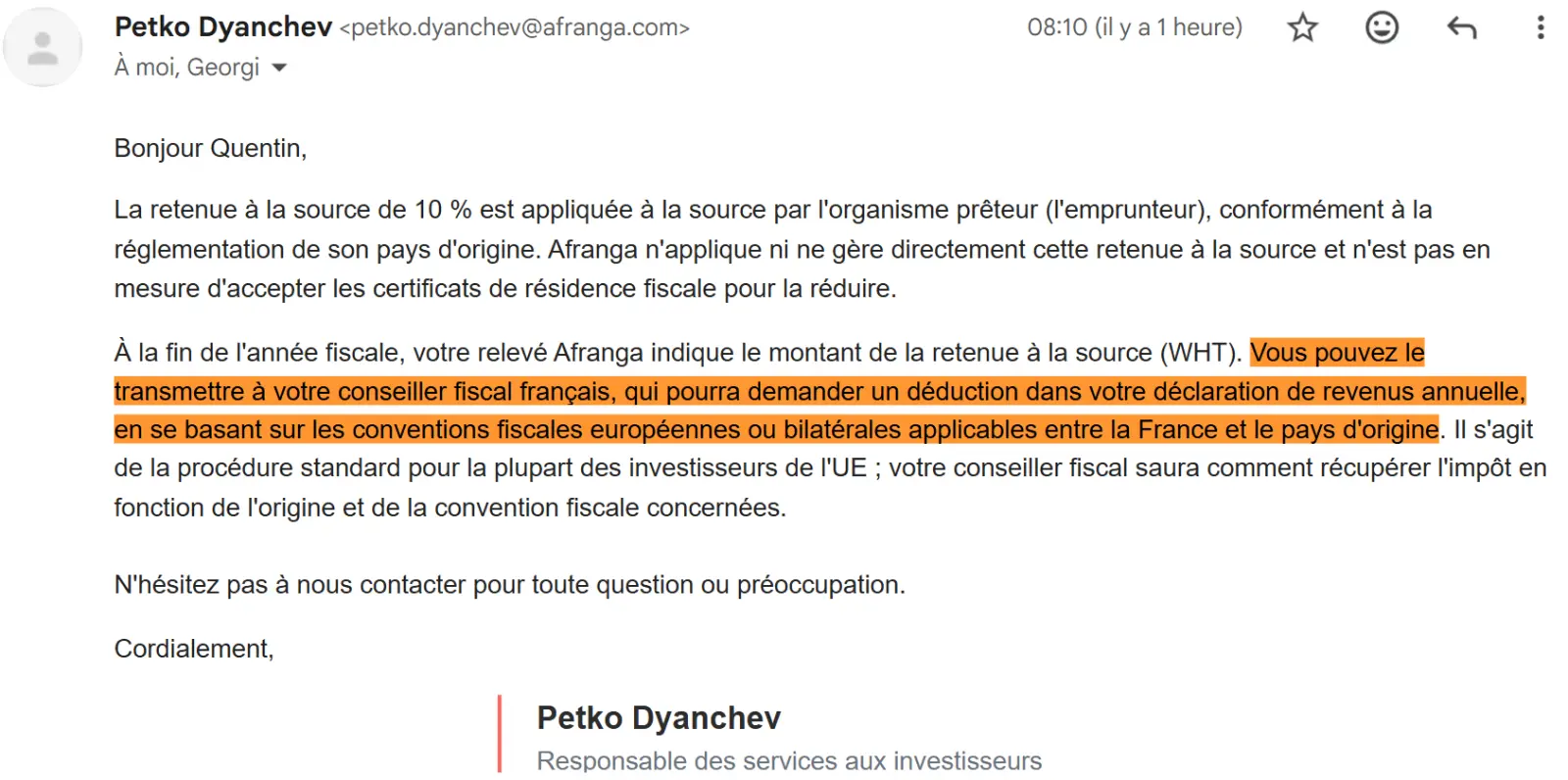 Reponse support afranga taxe etrangere wht
